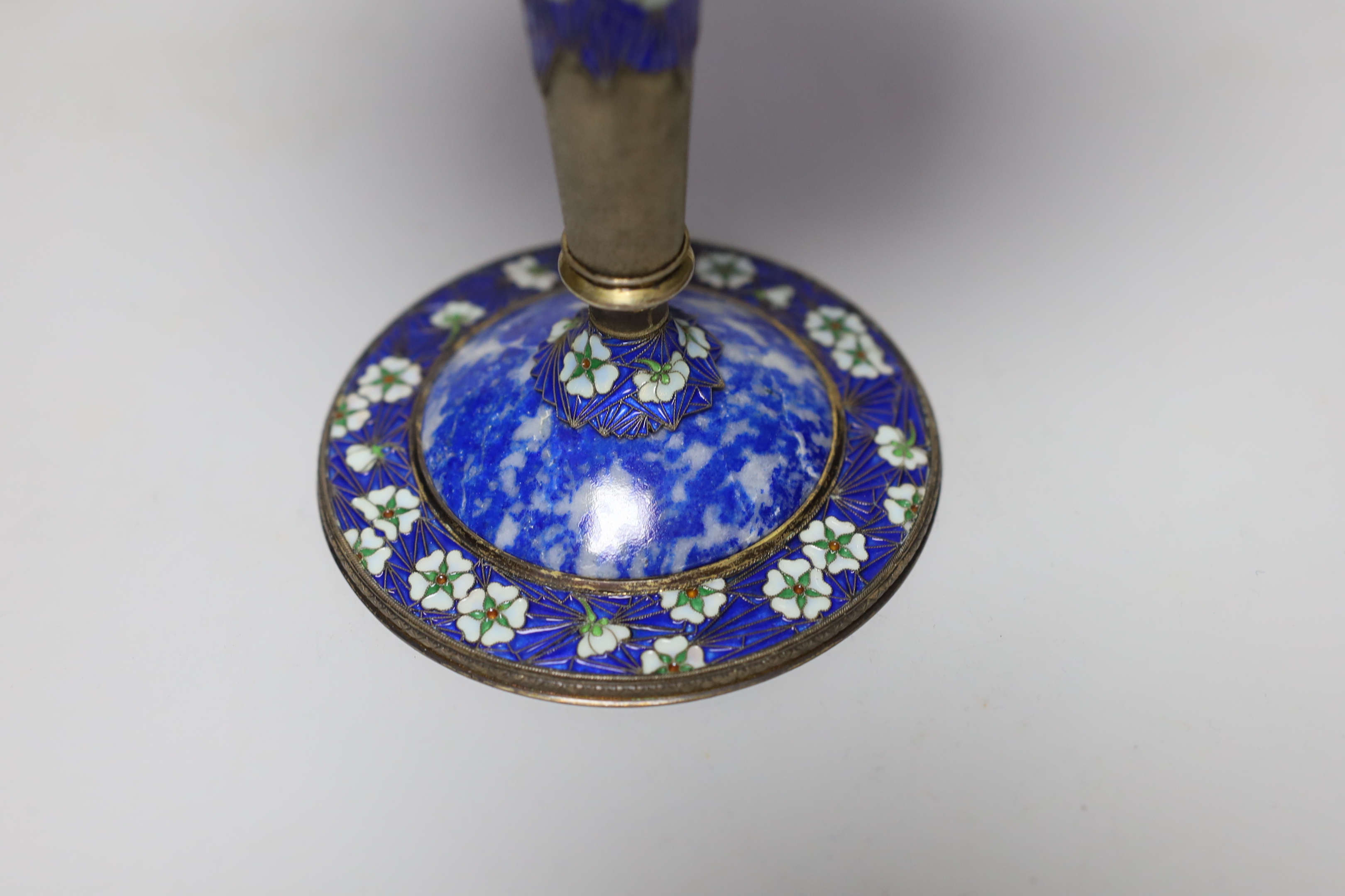 A modern Russian gilt 925, enamel and plique à jour presentation chalice, with engraved inscription to the base, 17.5cm high, gross weight 14.1oz.